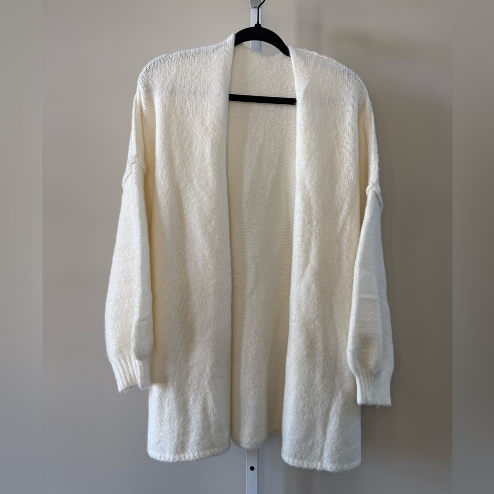 Cream Open Front Cardigan Dolman Sleeve Longline Soft Knit Cozy Sweater